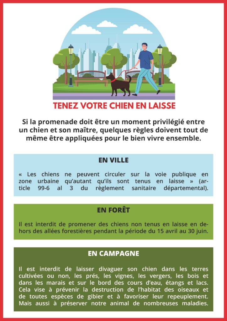 Affiche reprenant les règles de tenu des animaux en laisse